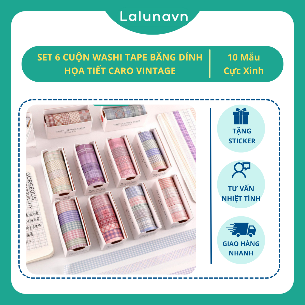 Hộp washi tape 6 cuộn vintage họa tiết kẻ caro cute xinh yêu dán sổ tay Lalunavn