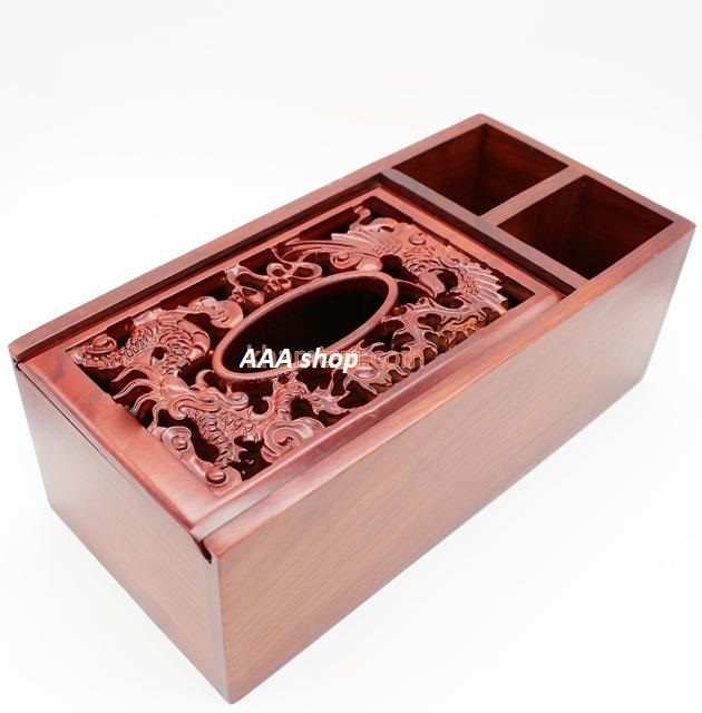 Hộp đựng khăn giấy 3 ngăn gỗ Hương ta đỏ cao cấp