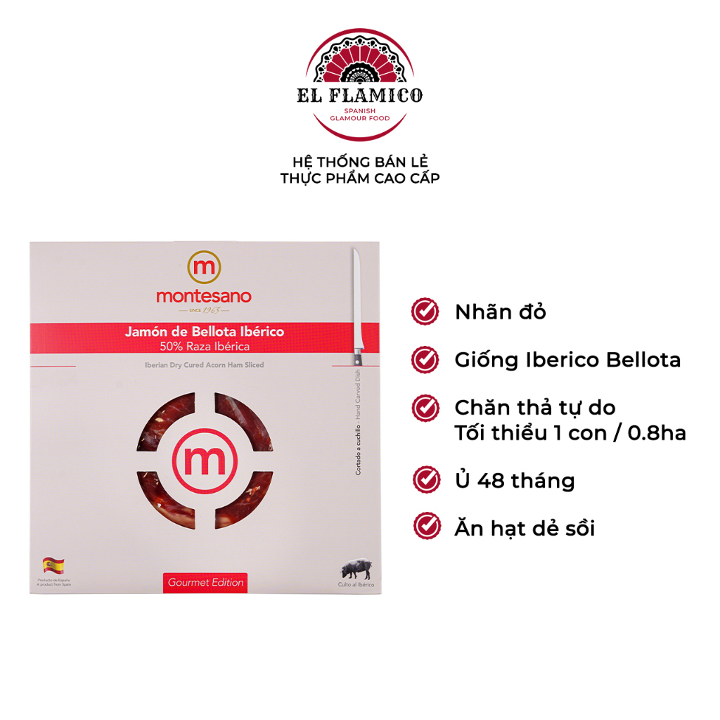 Thịt đùi sau Iberico Bellota muối 48 tháng, cắt lát bằng tay 100g