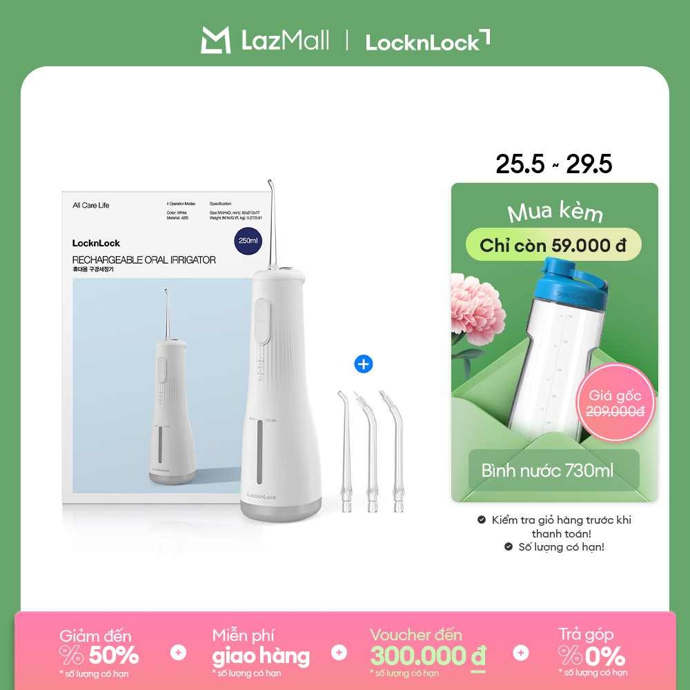 Máy tăm nước LockLock Potable Oral Irrigator ENR154WHT - Công suất 8W - Dung tích bình chứa 250ml - Màu trắng