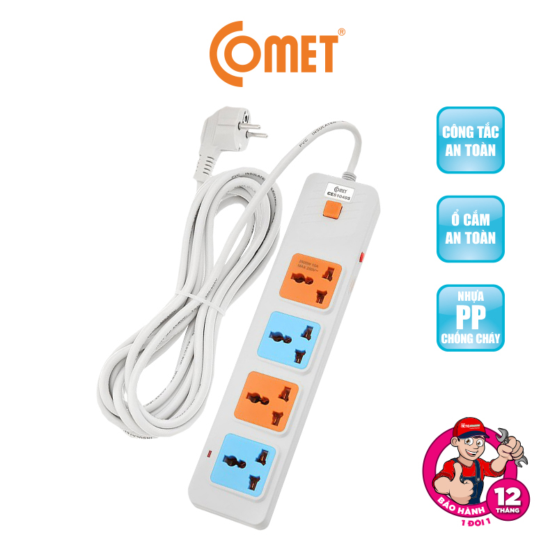 Ổ cắm nối dài comet ces10405, dây dài 5m, 4 lỗ 3 chấu, chất liệu nhựa pp chống cháy, có cầu chì bảo vệ