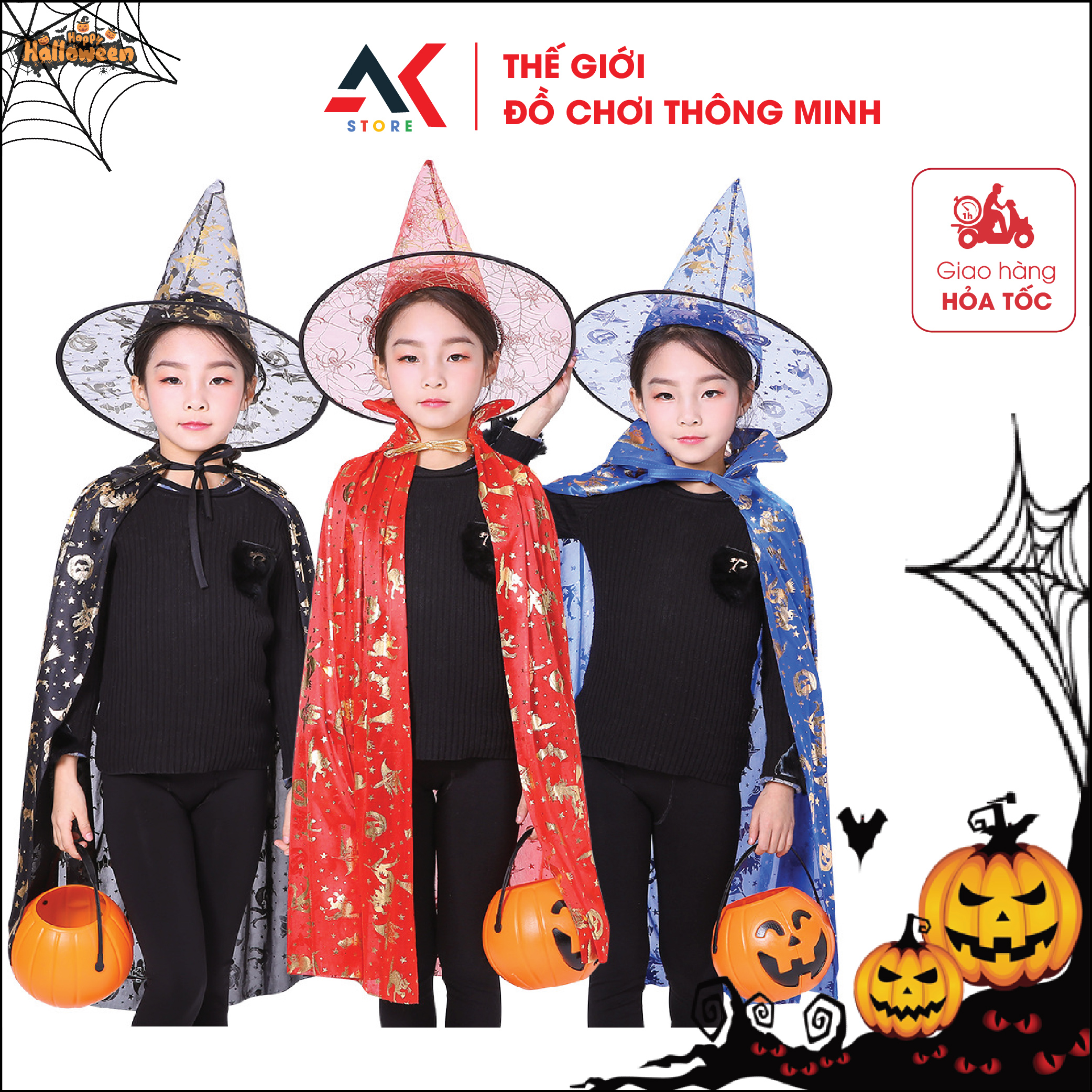 - set áo choàng phủ thủy kèm mũ hóa trang halloween và giỏ bí ngô đựng kẹo cho bé