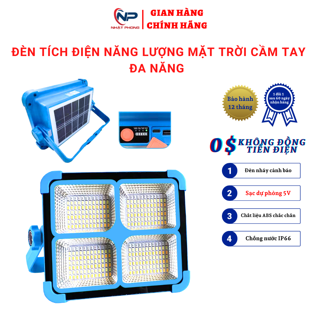 Đèn tích điện năng lượng mặt trời cầm tay đa năng 100W, chip led 5730SMD siêu sáng, tấm pin tháo rời dây dài 4m, 3 chế độ sáng,có sạc dự phòng 5V