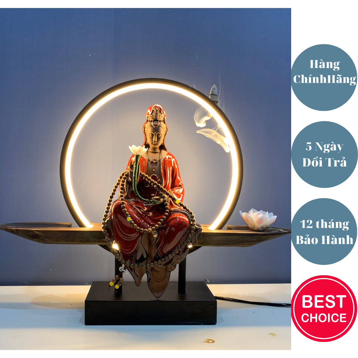 Bộ Tượng Quan Âm Bồ Tát có đèn Led tỏa ánh hào quang, Tượng Quan Âm gốm tử sao cao cấp, vật phẩm mang lại bình an may mắn, Mã T47