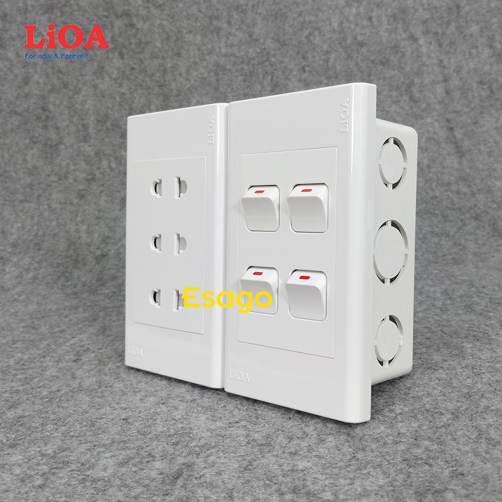 [HCM]Combo ổ cắm điện ba 2 chấu 16A (3520W) + 4 công tắc điện LiOA - Lắp âm tường