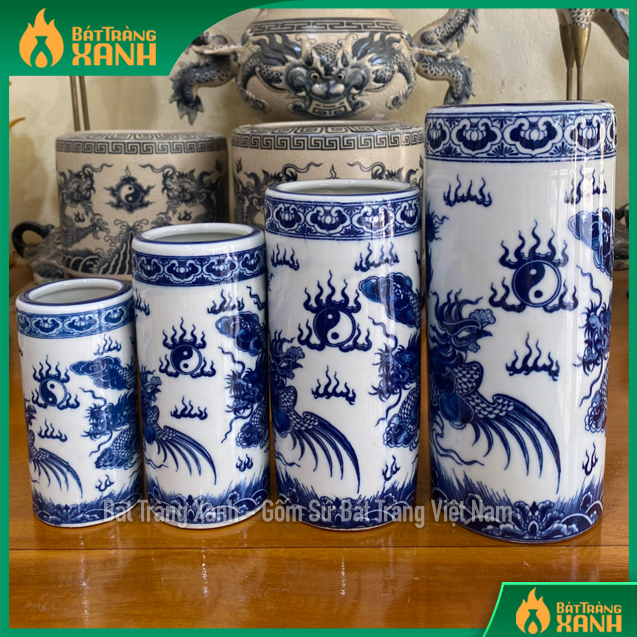 Lọ đựng hương, ống hương, ống cắm hương bát tràng men lam, men trắng hoạ tiết rồng, sen