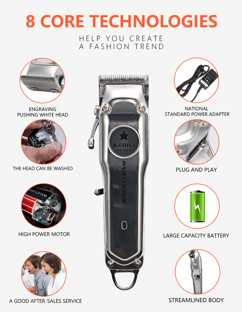 Tông đơ cắt tóc chuyên nghiệp kemei km 1997 công nghệ sạc nhanh lên đến hơn 3 giờ sử dụng