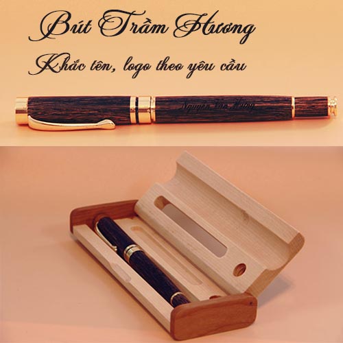 Bút trầm hương - khắc laser tên, logo - tặng kèm hộp bút