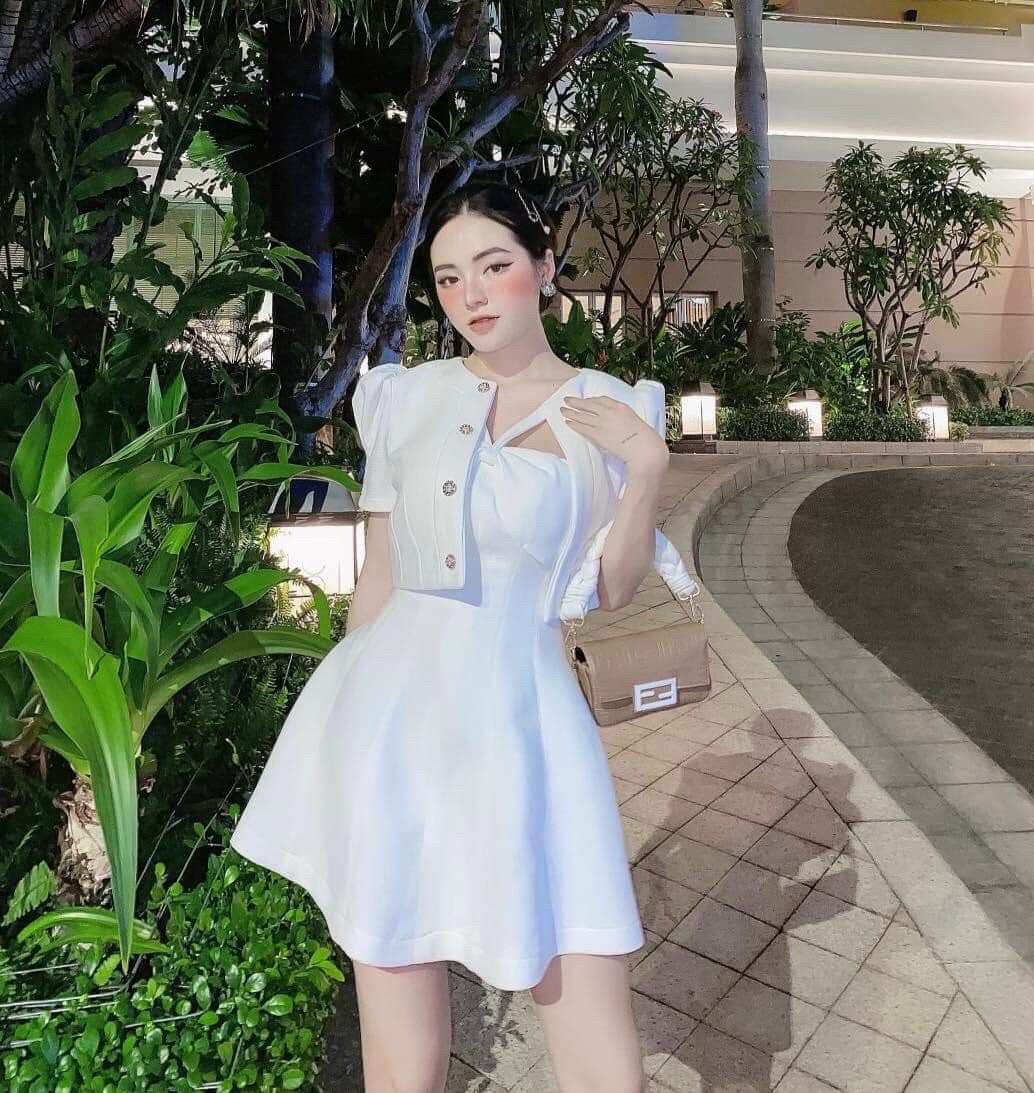Sét đầm dáng ngắn cổ chéo nơ ngực kèm áo khoác ngắn siêu xinh