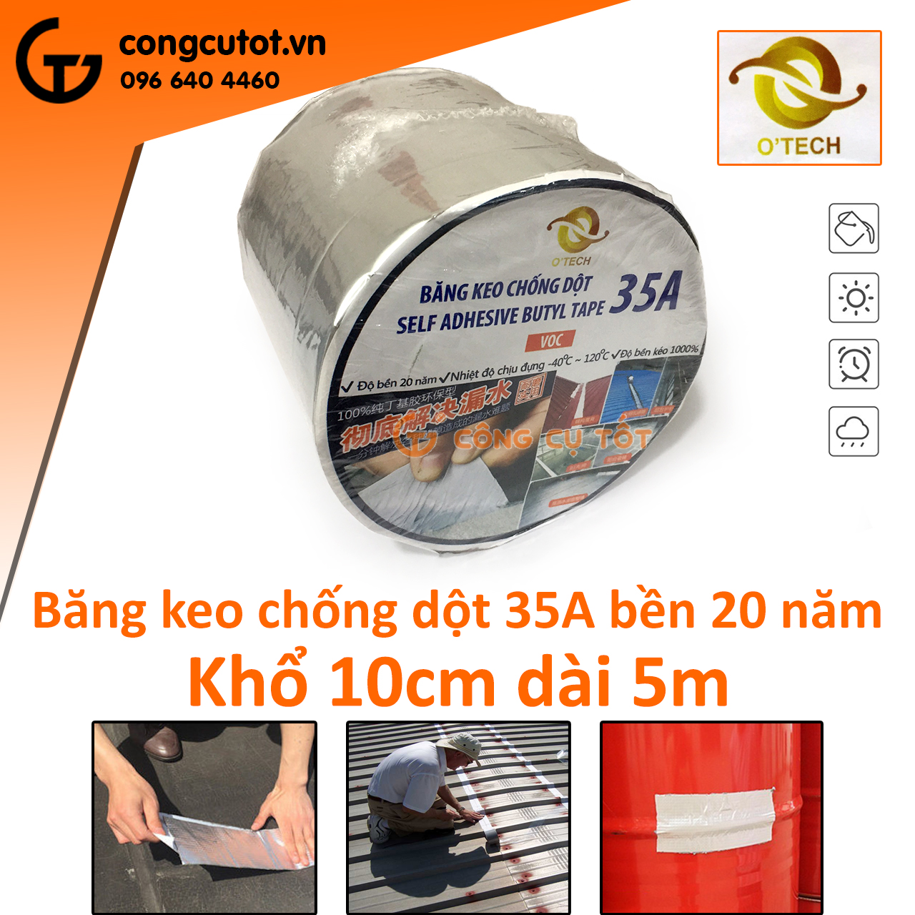 Băng keo chống thấm - băng keo chống dột chịu nhiệt, chịu dãn bền 20 năm otech 35a 5cm x 5m, 10cm x 5m, 5cm x 10m