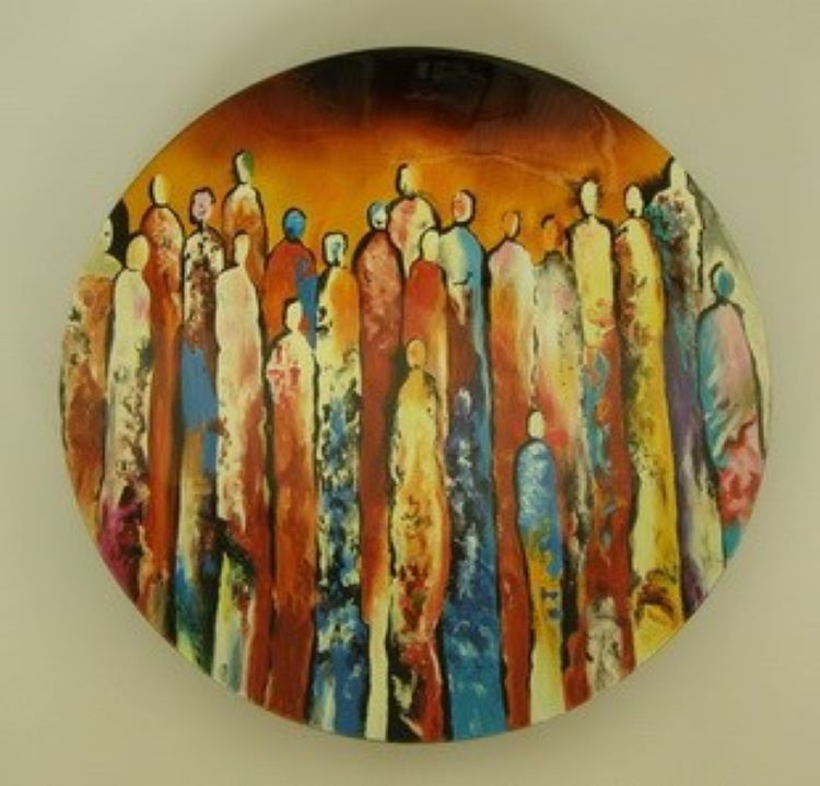 Dĩa tròn sơn mài vẽ tay, chủ đề: Nhân sinh - D04