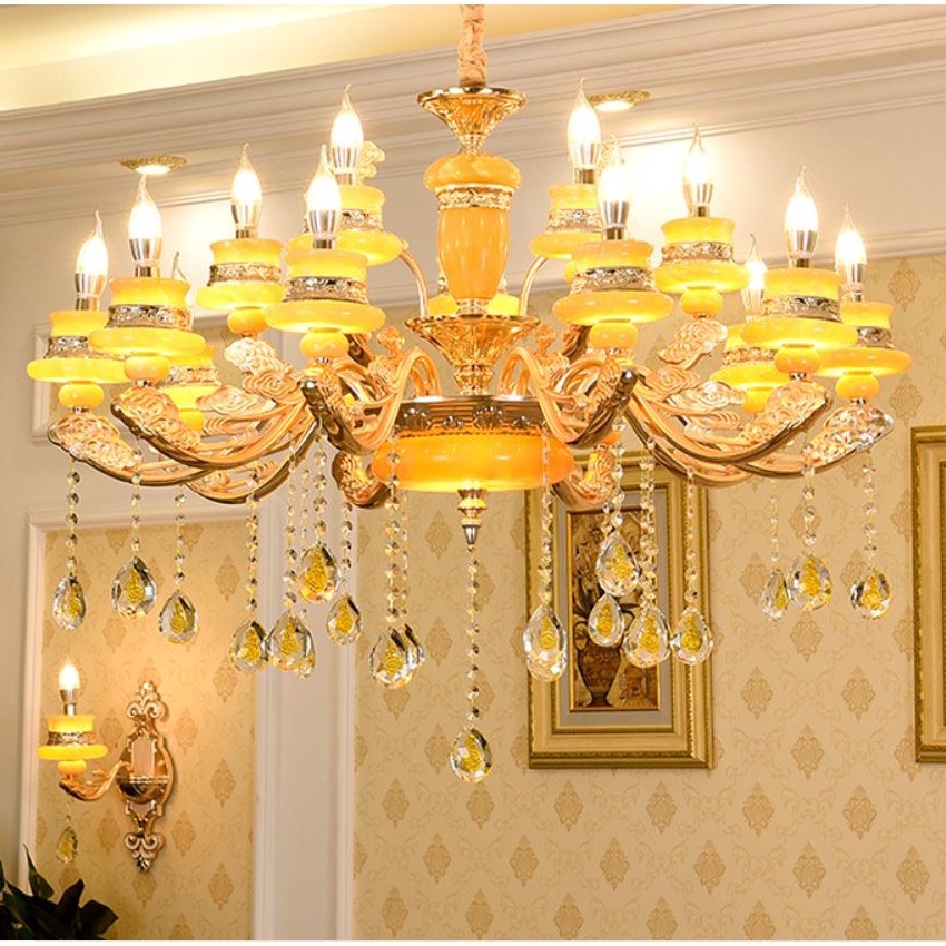 Đèn chùm phòng khách tân cổ điển,Đèn chùm cao cấp tay to sang trọng thân đá đúc tặng kèm bóng led