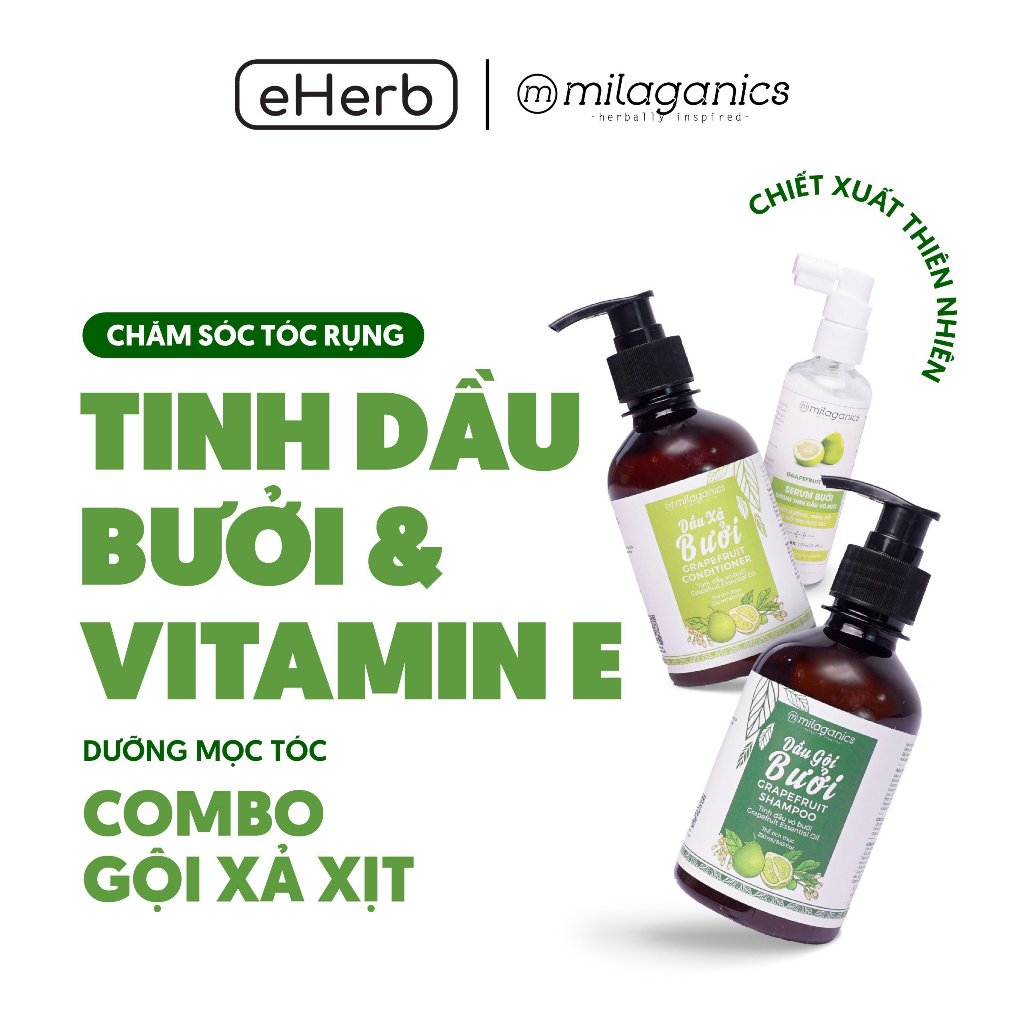 Bộ 3 sản phẩm kích thích mọc tóc & ngăn ngừa rụng tóc từ tinh dầu bưởi: dầu gội dầu xả serum bưởi milaganics