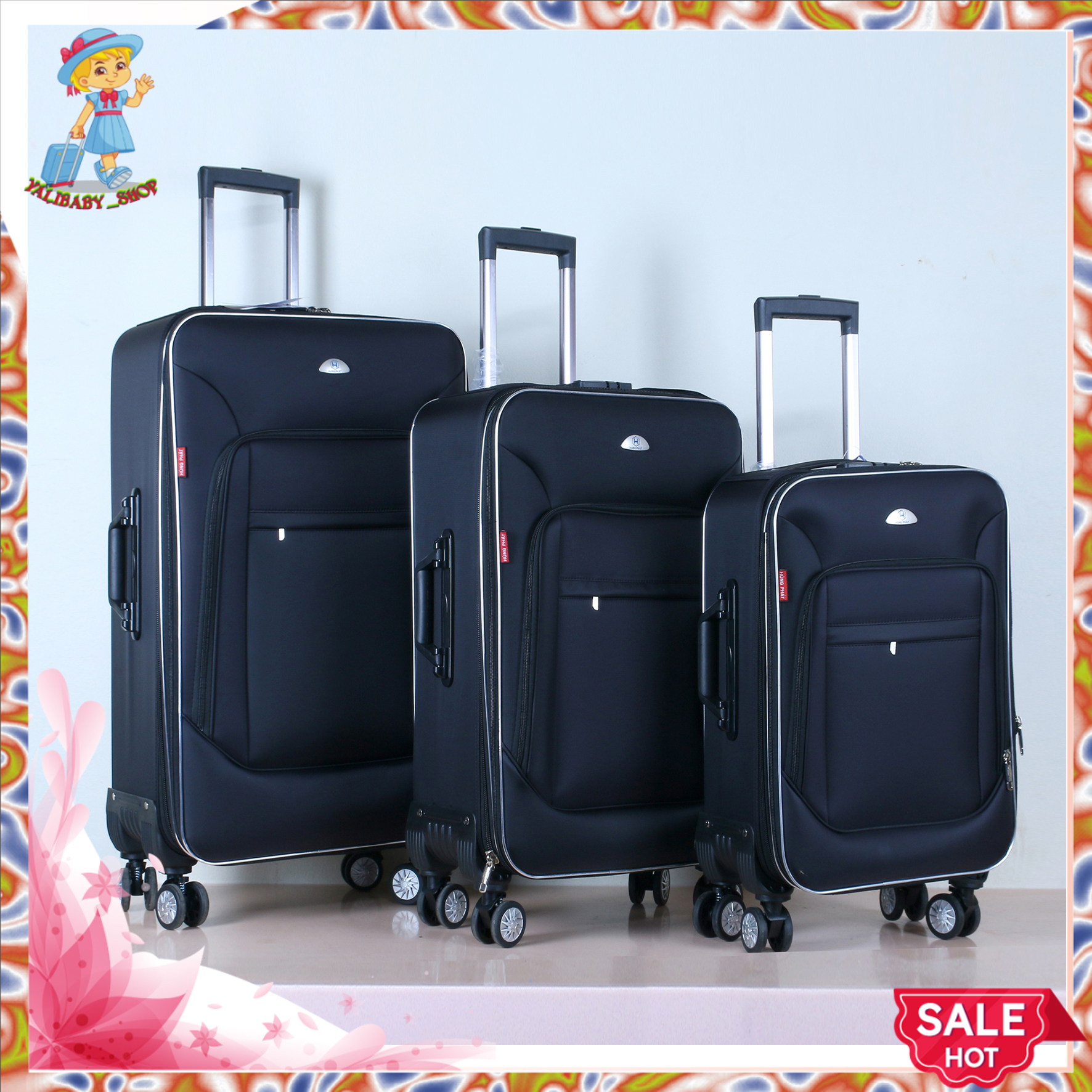 Vali du lịch kéo vải dù. Vali vải dù Hùng Phát cao cấp chống thấm nước, màu đen huyền bí, sang trọng. Size 20, 24, 28. 4 bánh xoay 360 độ, Hàng Việt Nam chất lượng cao