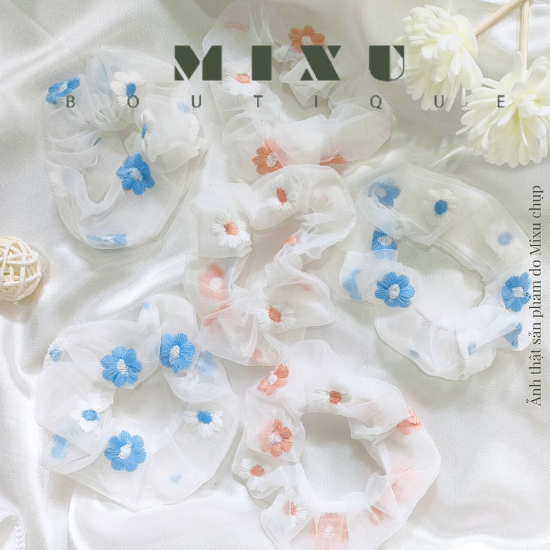 Buộc tóc Scrunchies, cột tóc vải voan thêu hoa cúc dịu dàng thời trang Mixu Boutique
