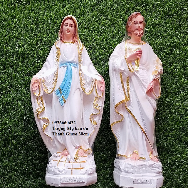 Bộ 2 tượng Đức Mẹ Ban ơn, Thánh Giuse 30cm màu trắng tượng công giáo poly composite