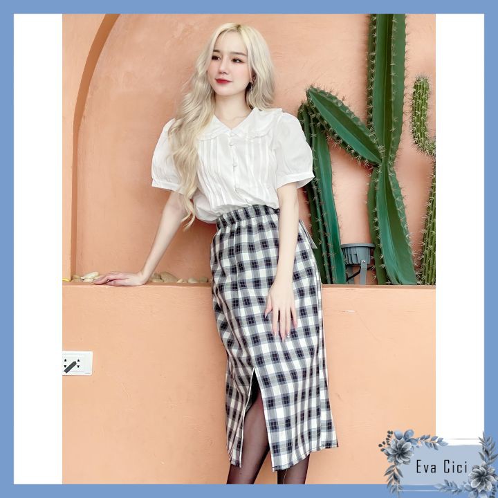 EVACICI Chân váy kẻ dài vintage chất vải thô mềm Quảng Châu chân váy suông vintage kẻ ô vuông phong cách Hàn Q