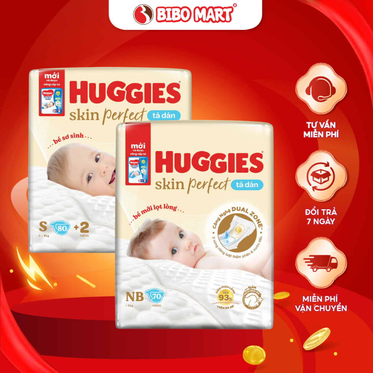  Bỉm Tã Dán Sơ Sinh Huggies Skin Perfect Thấm Hút Thông Minh Giảm Kích Ứng Da Size M74 S80 S54 NB70 - Bibo Mart 