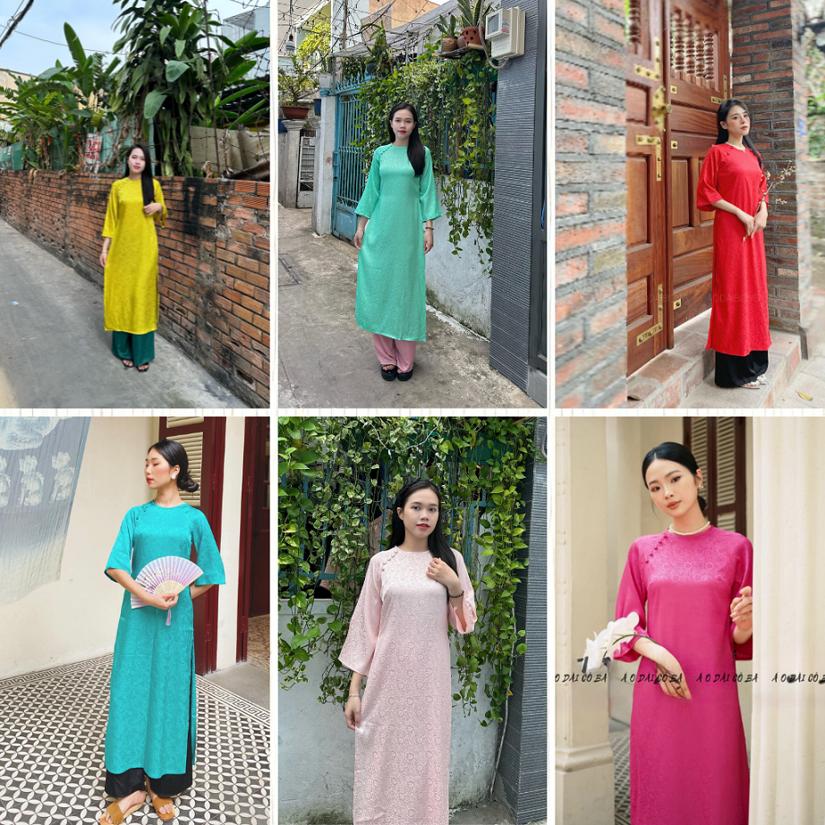 Áo dài cách tân dáng suông gấm tơ cổ tròn 2 tà ,đính cúc bọc vải dễ mặc tôn da - Áo dài cô ba