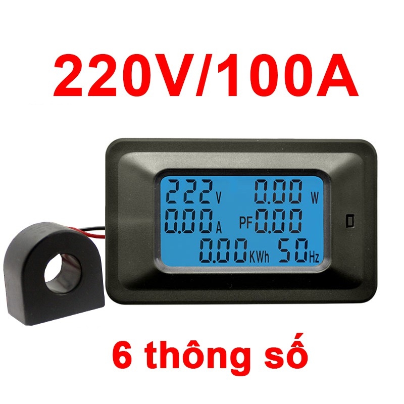 Công tơ điện tử,Thiết bị đo công suất 220V-100A, đồng hồ đo điện hiển thị 6 thông số - Công suất (max 22,000 W) - Số điện (max 99999 KWh, lưu cả khi bị mất điện) CÓ RESET