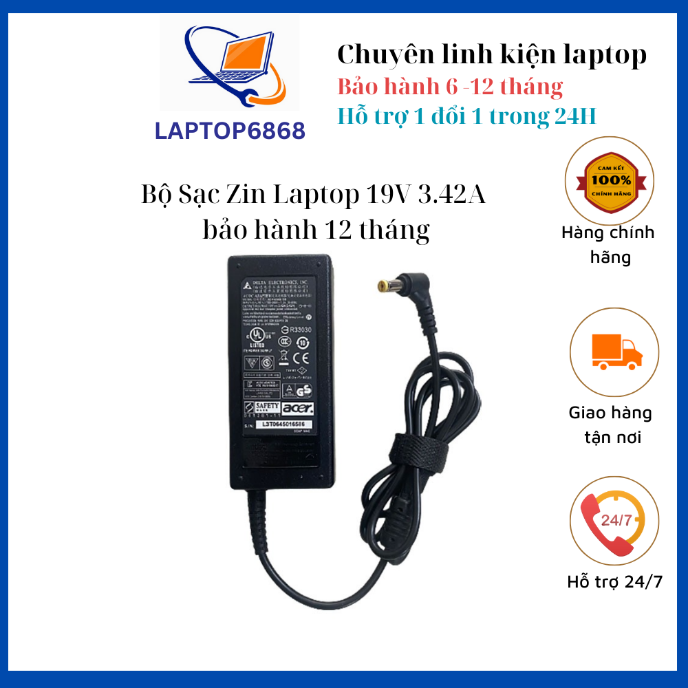 Bộ Sạc Zin Laptop 19V 3.42A Cho Acer Aspire One 722 725 756 752 753 521 522 533 D150 D250 D255 D255E D257 D260 D270