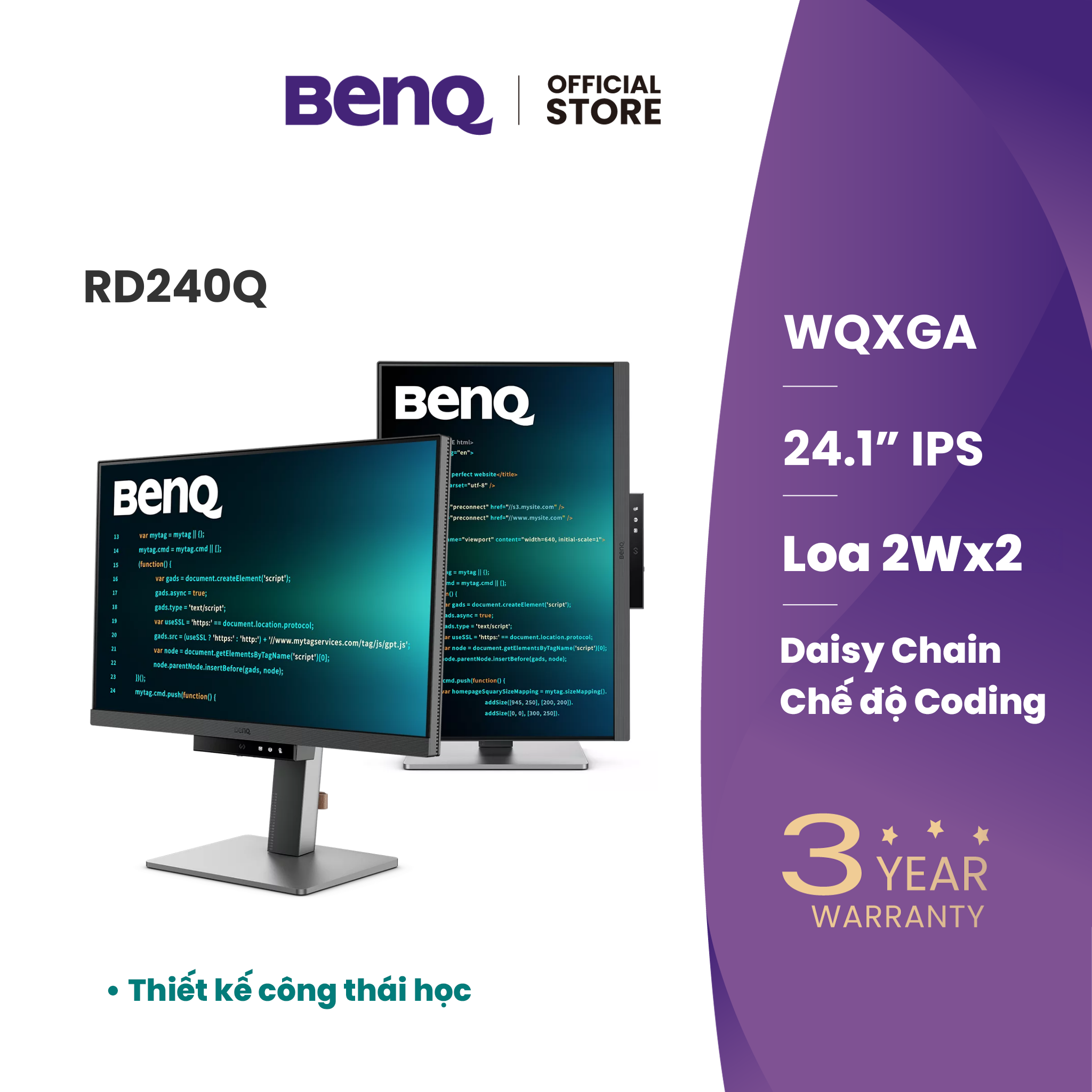 Màn hình máy tính BenQ dành cho lập trình RD240Q _ 24.1” WQXGA Chế độ code USB-C Eye-care chống chói