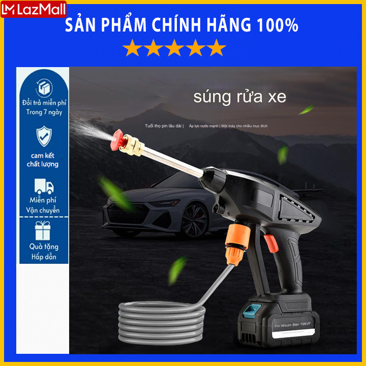 Máy rửa xe không dây dùng pin súng nước áp lực cao xịt rủa xe ô tô xe máy tưới cây gia dụng sạc xe hơi pin lithium công suất cao tăng tốc mạnh mẽ