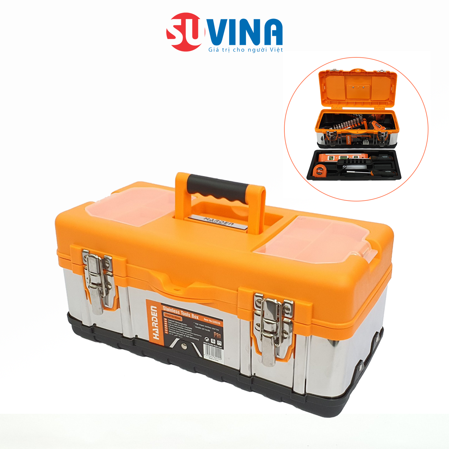Hộp Đựng Dụng Cụ, Hộp Đựng Đồ Nghề Đa Năng Cỡ Lớn Nhựa ABS HARDEN 520226  - Siêu Chịu Lực, Siêu Dày - Thân Hộp Bọc Inox, Khóa Kim Loại, Bề Mặt Nhẵn Mịn, Chống Xước, Chống Ăn Mòn - 41x21x18cm - Hàng