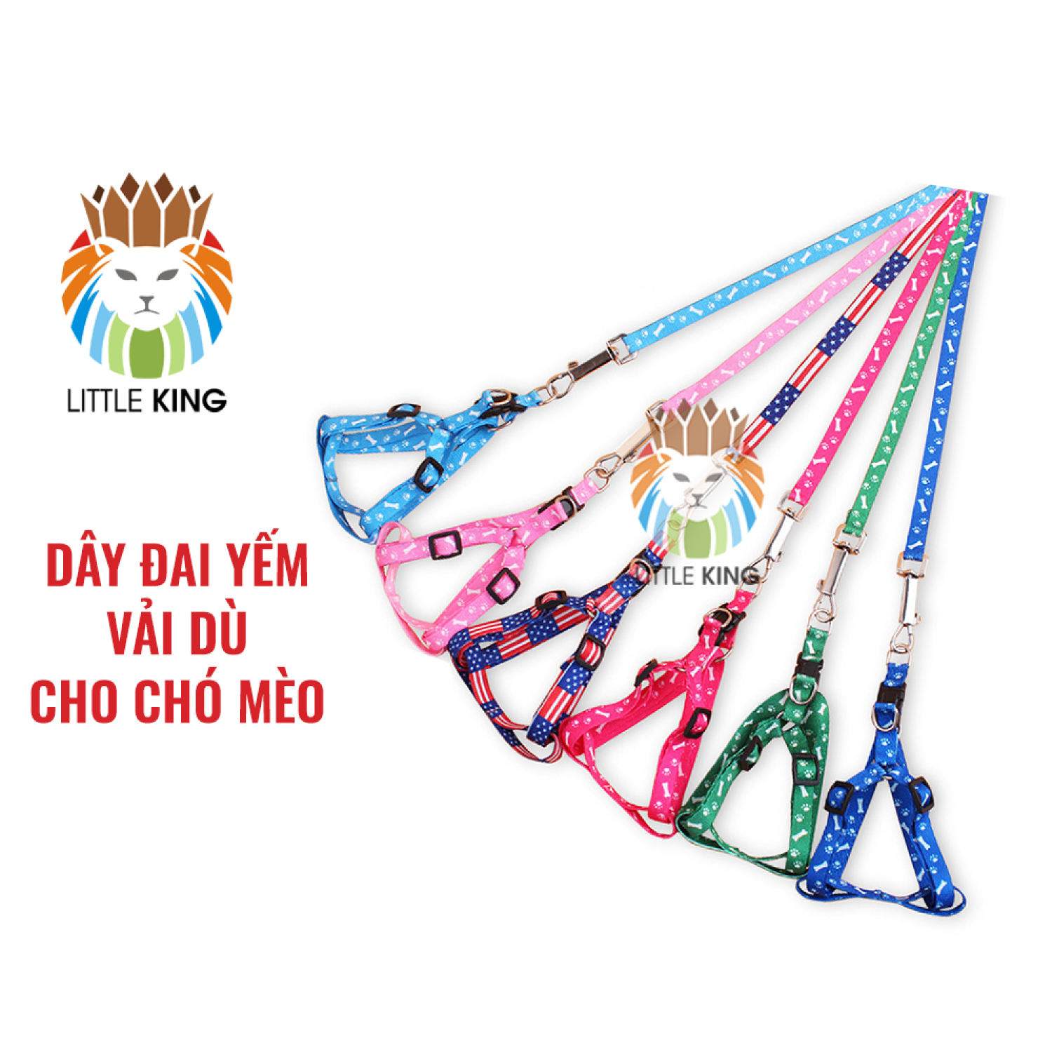 Dây dắt chó mèo kèm đai yếm vải mỏng bản 1cm cho chó mèo cỡ nhỏ Little King pet shop