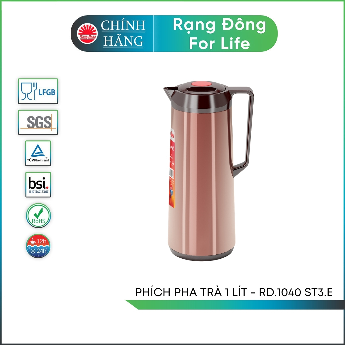 Phích nước pha trà Rạng Đông cao cấp dung tích 1 Lít thân inox vai nhựa an toàn giữ nhiệt nóng lạnh