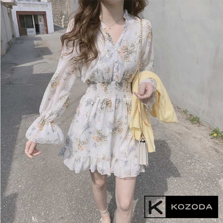 Đầm váy cộc tay cỏ may mắn, phong cách Hàn Quốc vintage mùa xuân ...