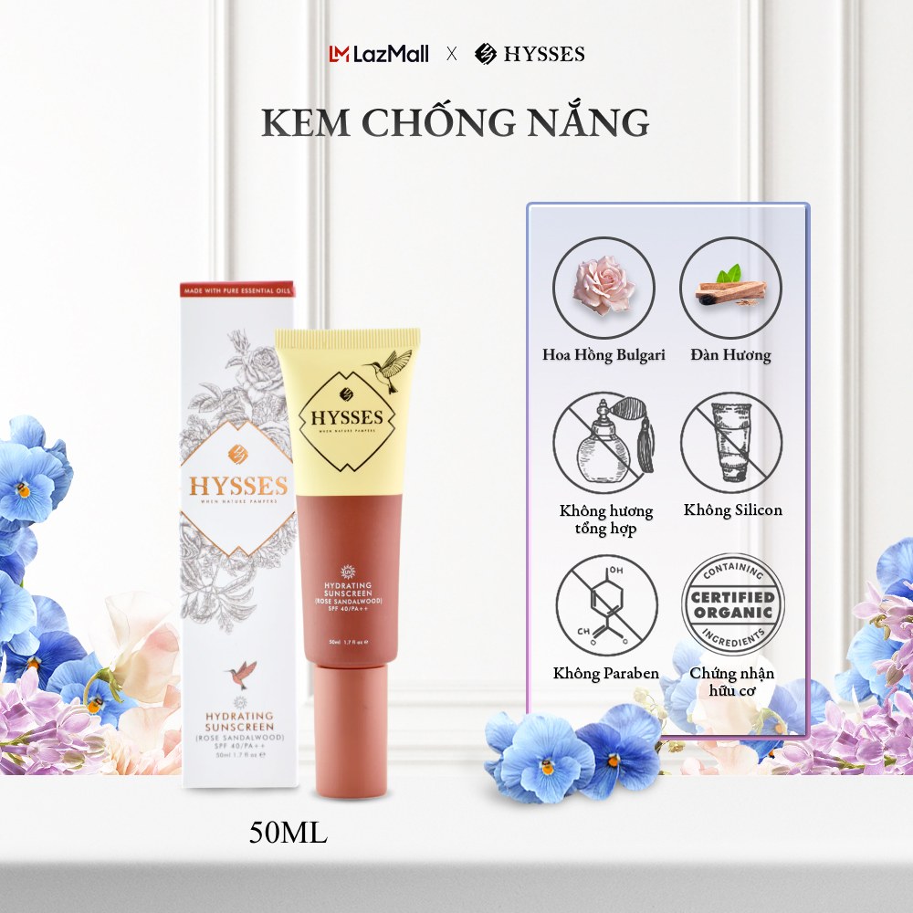 Kem Chống Nắng Cao Cấp Hysses Hydrating SPF40/PA++ Dưỡng Ẩm Sâu, Bảo Vệ Da Trước Tia UVA/UVB, Làm Mờ Nếp Nhăn Với Tinh Dầu Gỗ Đàn Hương và Hoa Hồng Hữu Cơ Tự Nhiên