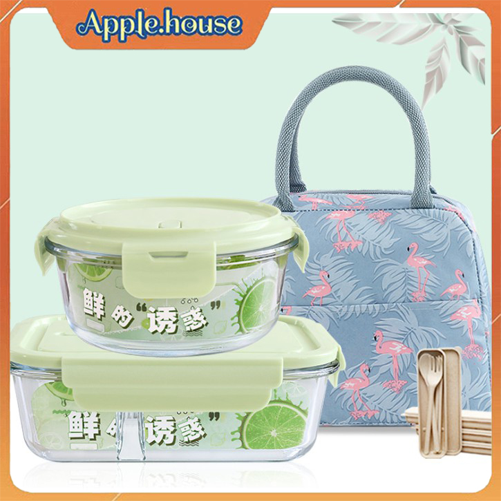 [Tặng túi giữ nhiệt và thìa đũa] Bộ 2 hộp cơm thủy tinh chia ngăn 1000ml + 660ml/680ml 1 ngăn - Hộp cơm thủy tinh chịu nhiệt, dùng được trong lò viba, có 4 khóa đóng kín, van xả hơi