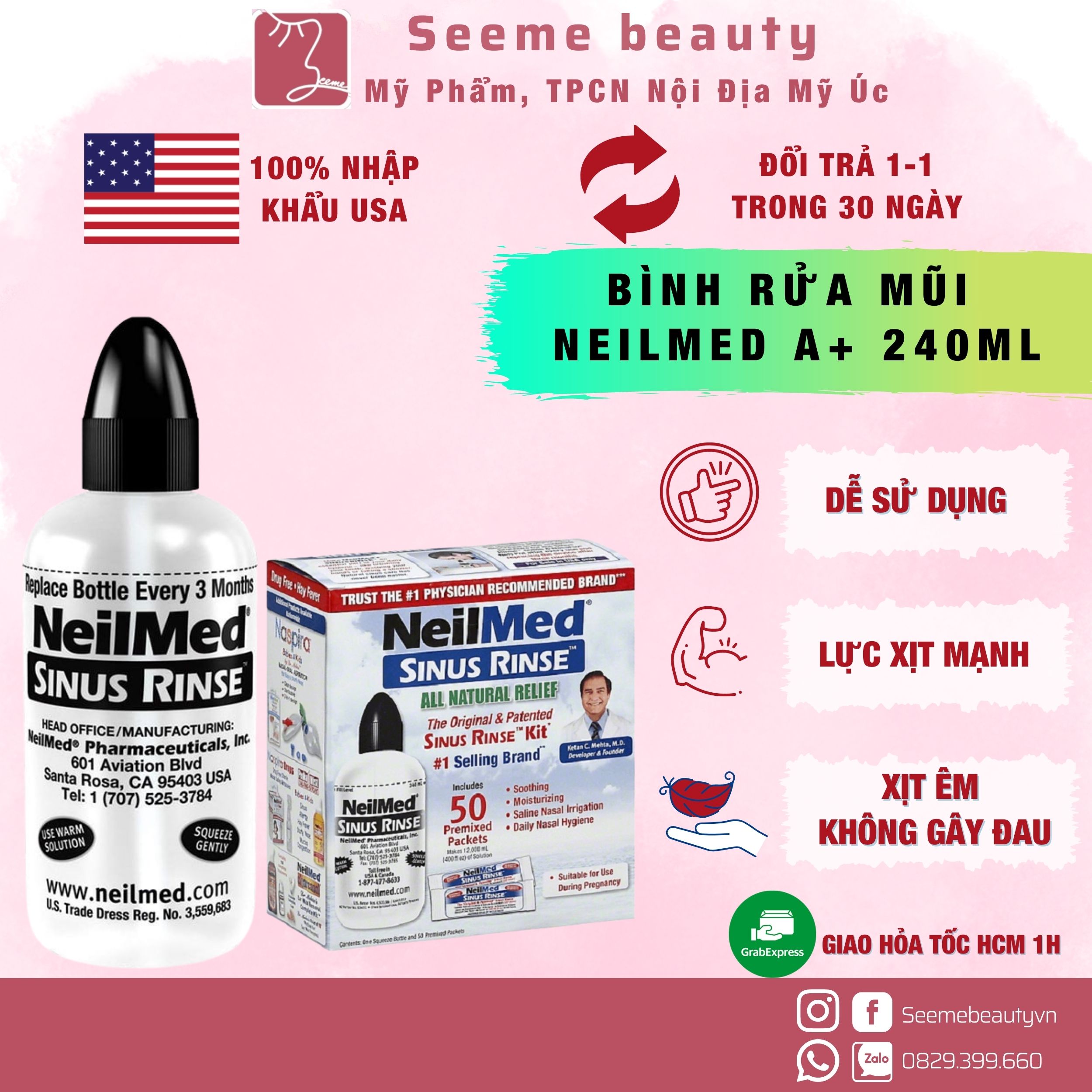Bình rửa mũi neilmed 240ml kèm 10 30 50 gói muối neilmed seeme beauty
