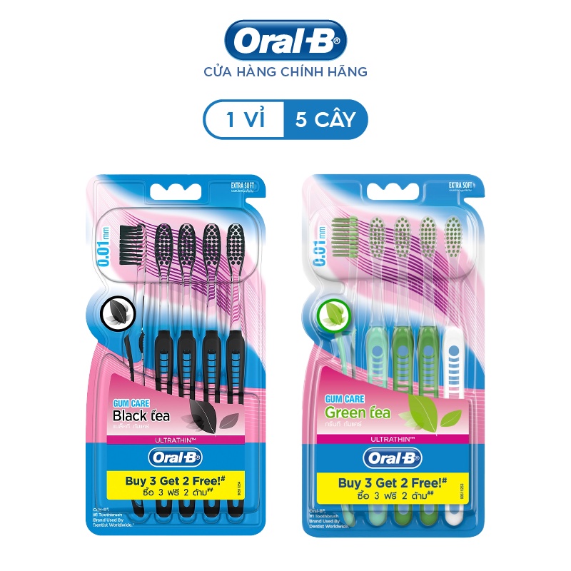 Túi vỉ 5 cây bàn chải OralB tinh chất Trà Xanh/ Trà Đen