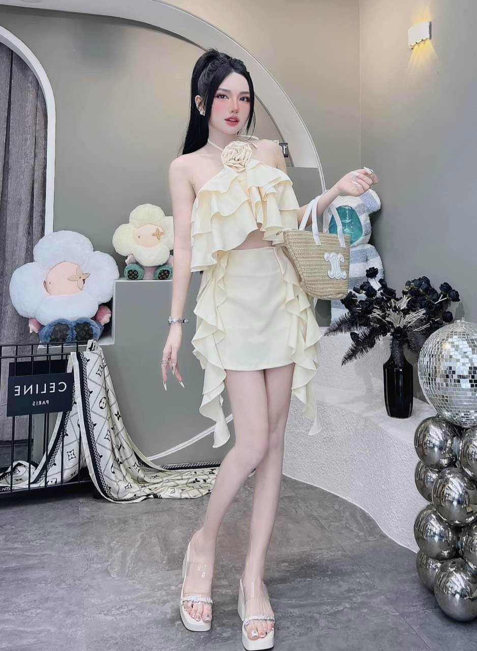 Đầm body TRIPBLE T DRESS cổ yếm sét phối bèo chất cotton lạnh snag trọng - Free size dưới 54kg