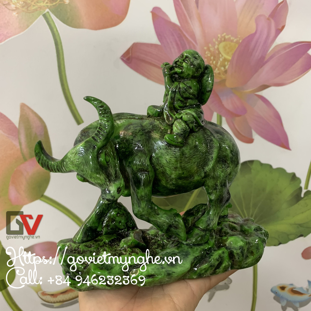 [HCM]Tượng đá trang trí mục đồng cưỡi trâu - Dài 18cm - Màu xanh lục bích