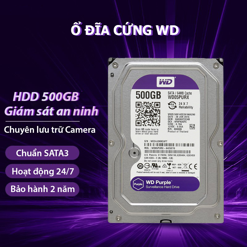 Ổ cứng HDD 500GB WD chuyên lưu trữ dữ liệu, camera - hàng nhập khẩu bảo hành 24 tháng