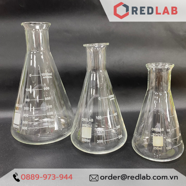 Bình tam giác thủy tinh 1000ml onelab/ bomex - bình nón cổ rộng - bình erlen