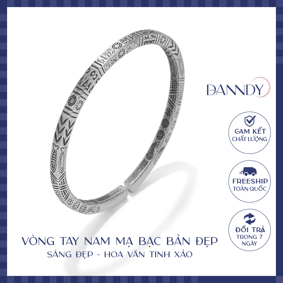 Vòng tay nam cuff mạ bạc vòng đeo tay nam đẹp ngầu vòng cuff unisex hoa văn retro | dandy