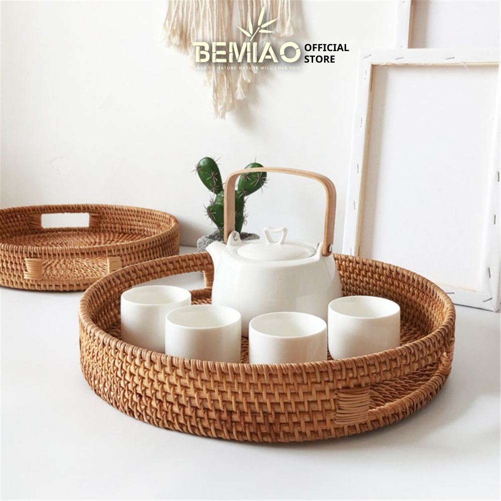 Khay mây tròn có tay cầm Khay đựng bánh kẹo hoa quả Khay trà Bemiao