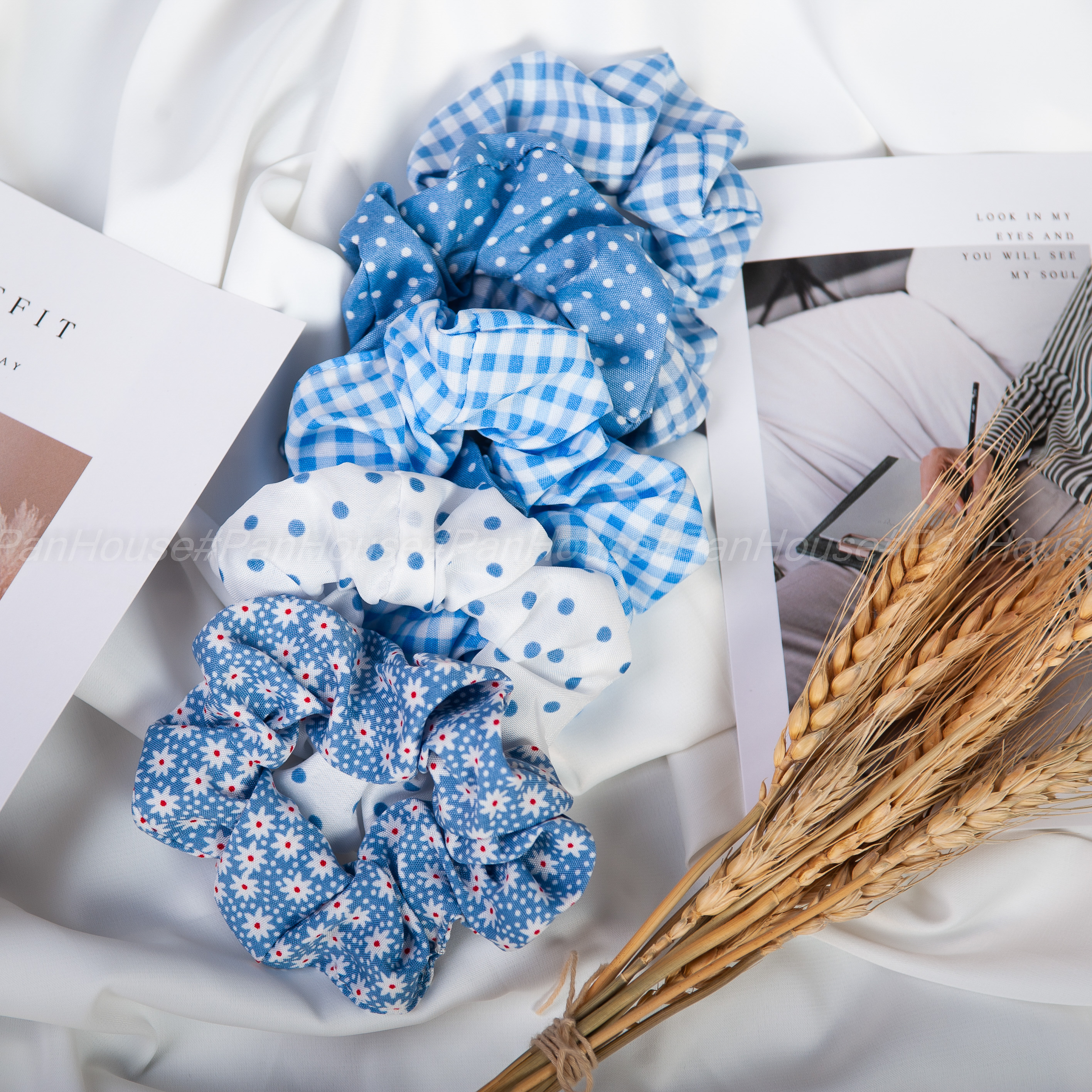 Set Dây buộc tóc 5 chiếc Scrunchies xanh ngọt ngào phong cách Hàn Quốc