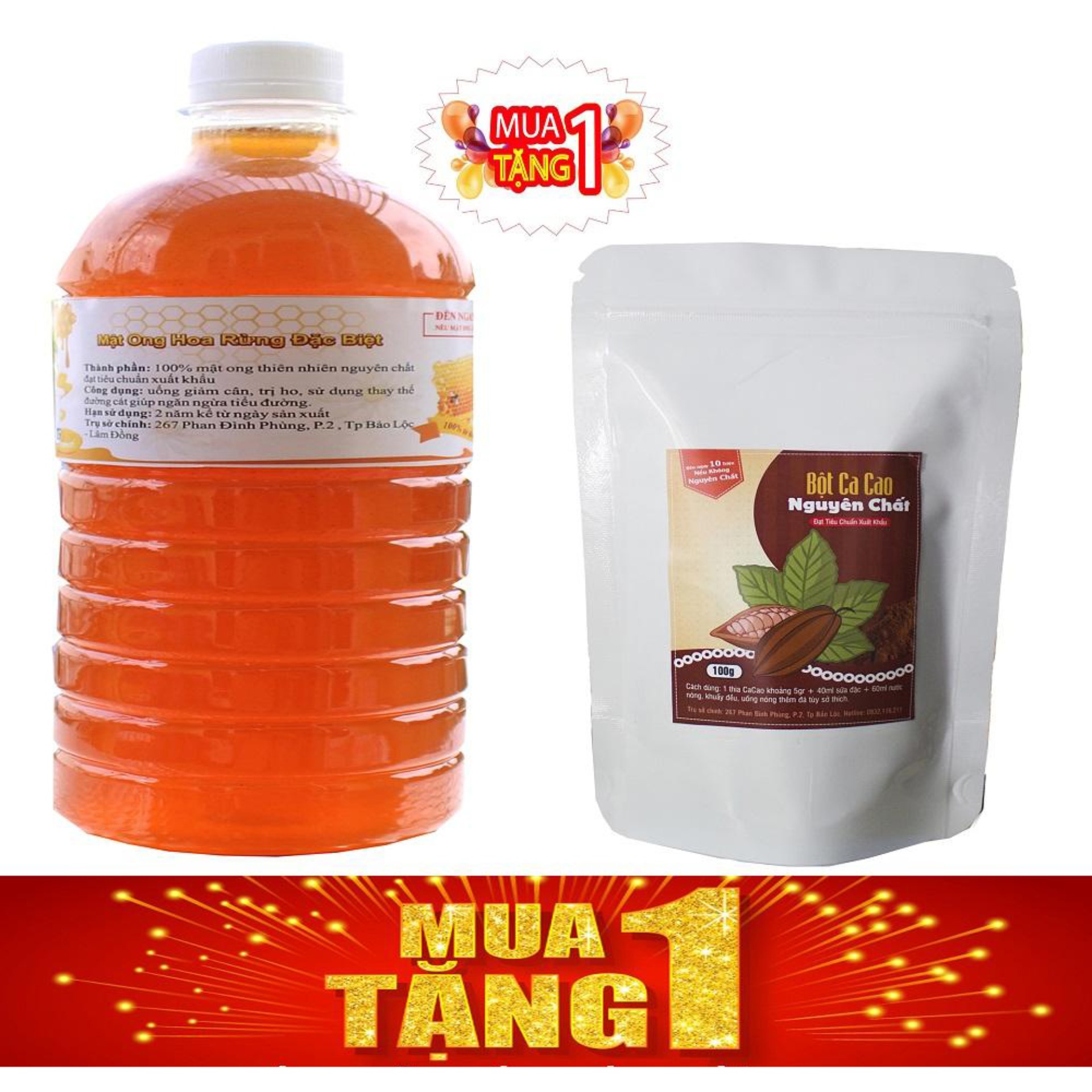 Mật ong Hoa Rừng Cao Cấp 1 lít Tặng kèm  100gr bột ca cao