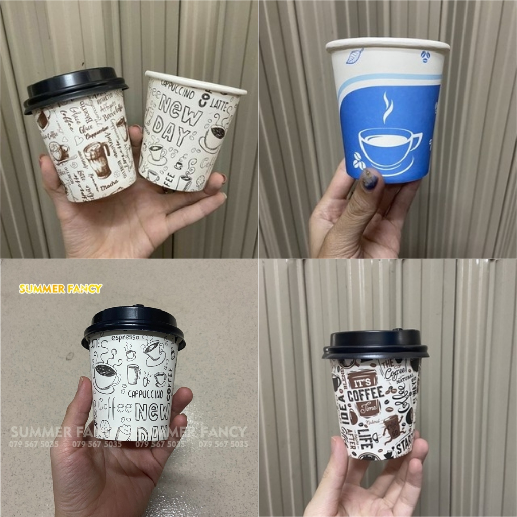 50 Ly Giấy 240Ml ~ 8Oz Nắp Đen Phong Cách Hàn Quốc New Day Hình Trắng Đen Dùng 1 Lần - Paper Cup