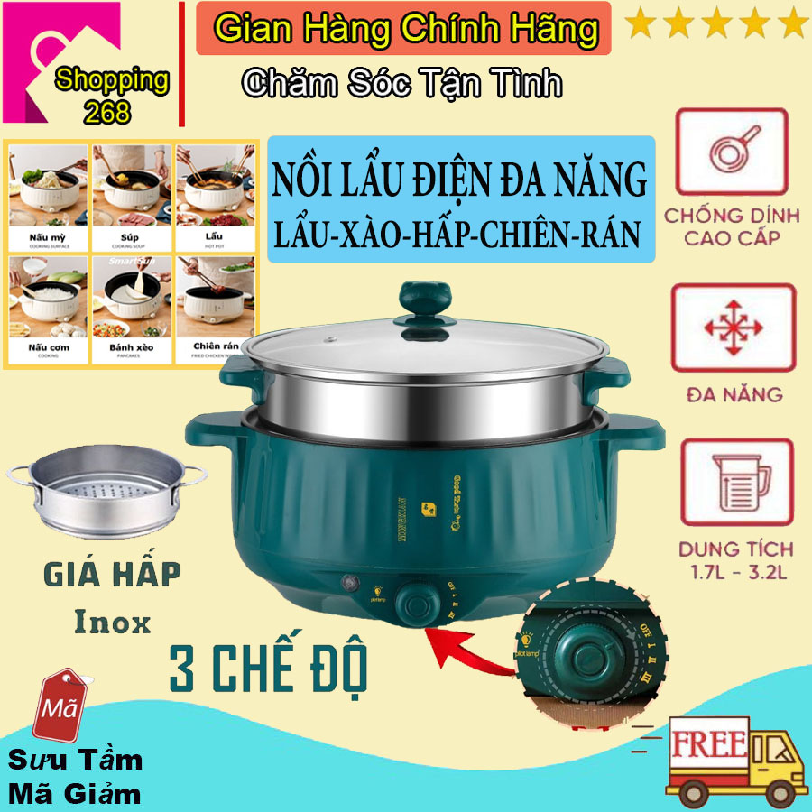 Nồi lẩu đa năng mini 3 nấc nhiệt, Nồi lẩu điện đa năng, kèm giá hấp inox, vân đá chống dính cao cấp, bếp lẩu điện đa năng, nồi lẩu mini đa năng, bếp lẩu điện mini, nồi lẩu hấp đa năng, nồi lẩu điện mini