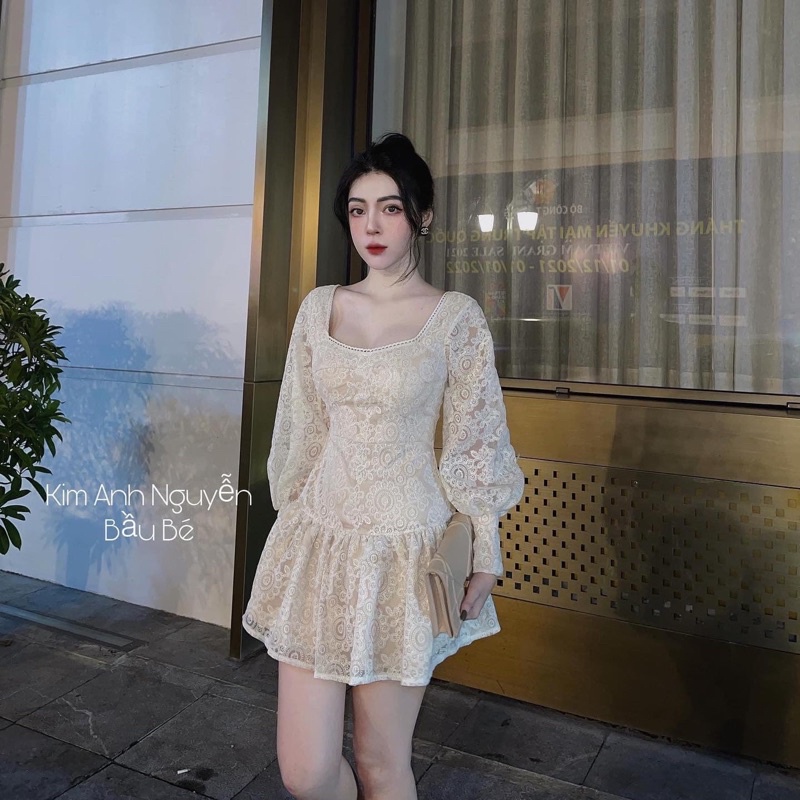 Đầm ren tay phồng cúp dự tiệc