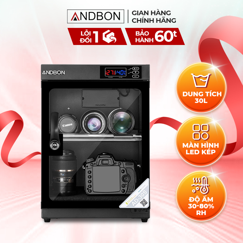 Tủ chống ẩm andbon ad-30s dung tích 30l - màn hình led kép - điều chỉnh độ ẩm tự động - bảo hành điện tử toàn quốc
