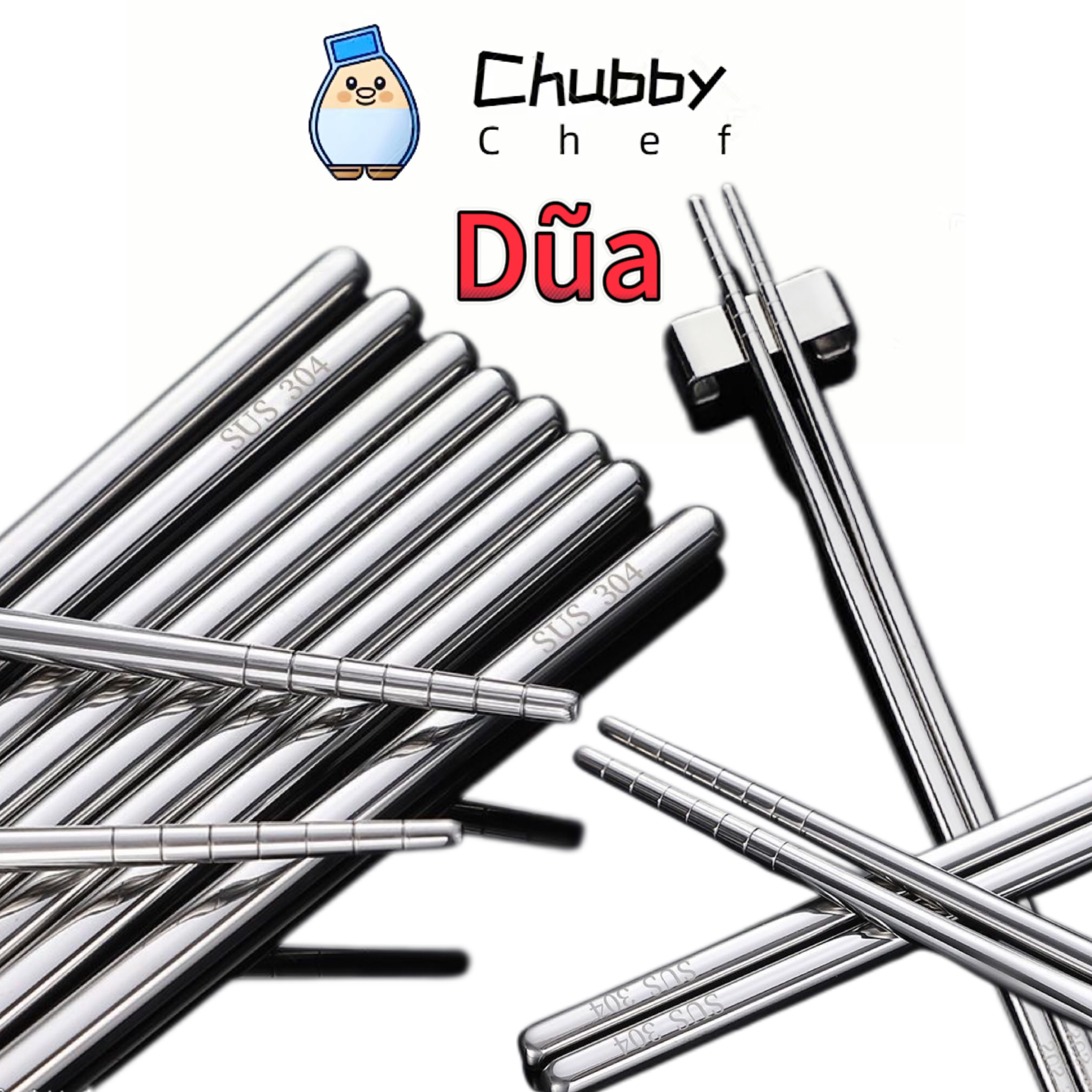 Bộ 5 đôi đũa tròn inox 304 phong cách Hàn Quốc Chubby Chef cao cấp, không gỉ sét, chống trượt, kháng khuẩn cao