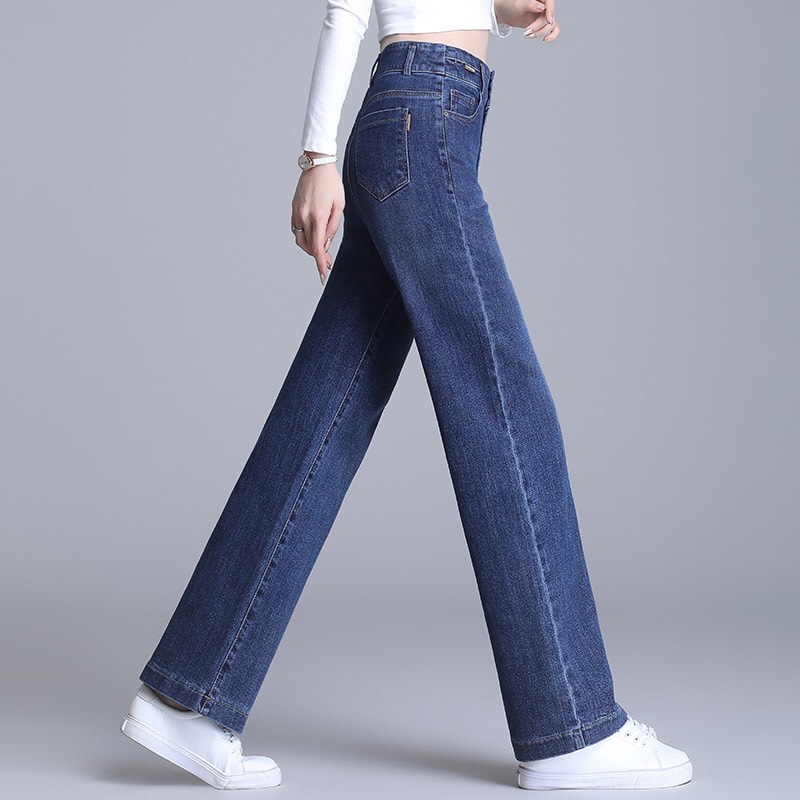 Quần jeans nữ ống suông, quần ống rộng co giãn 100% cotton