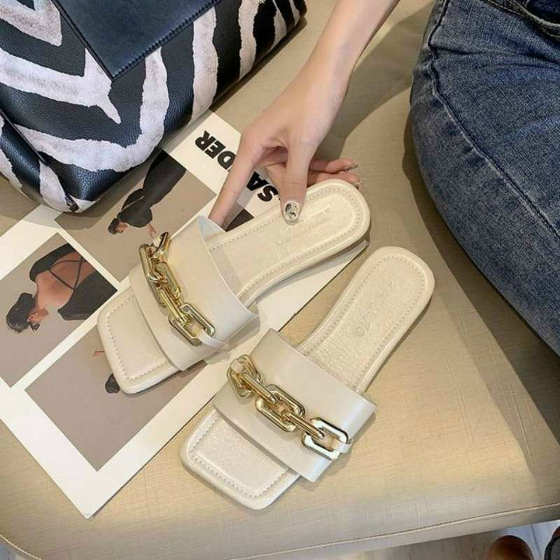 Dép lê nữ quai ngang cực xinh quai viền xích đồng HOT 2023 mang êm chân, Dép nữ quai ngang đẹp mang đi chơi, đi biển